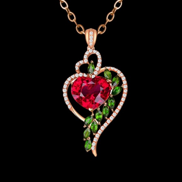 Ornate Diamond & Red Crystal Rose Gold Toned Heart Necklace - Picture 2 of 3